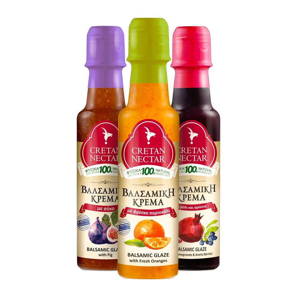 Cretan Nectar's uppsättning av balsamicokrämer (crema di balsamico).  100% naturligt innehåll helt utan tillsatser!